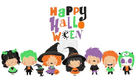 Ilustración de Set de lindos niños de dibujos animados en coloridos disfraces de Halloween. Ilustración vectorial - Imagen libre de derechos