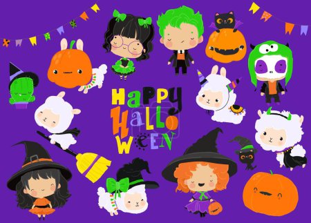 Téléchargez les illustrations : Collection vectorielle pour enfants avec des éléments d'Halloween mignons et des enfants - en licence libre de droit