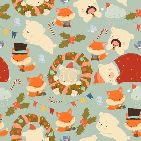 Illustration for Vector Seamless Pattern with Cute Cartoon Polar Bears, Foxes and Christmas Elements - Royalty Free Image