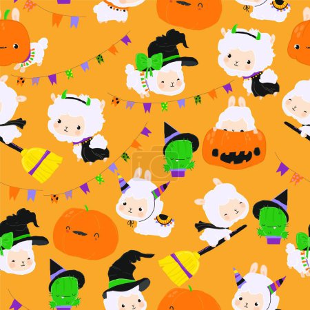 Ilustración de Patrón sin costura vectorial con Happy Cute LLama Alpaca y elementos de Halloween - Imagen libre de derechos