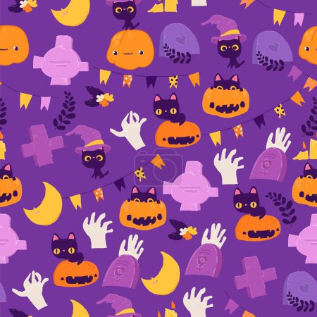 Illustration for Vector Seamless Pattern with Cartoon Halloween Pumpkin, Zombies, Cats and Graves - Royalty Free Image