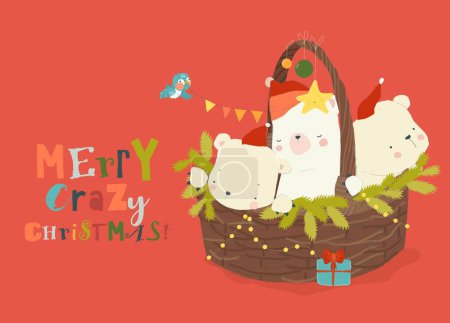 Illustration for Cute Funny Polar Bears sitting on Christmas Basket. Vector Illustration - Royalty Free Image