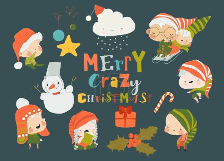 Illustration for Set of Cute Playful Christmas Elves. Collection of Cute Santa Claus Helpers. Happy New Year, Merry Xmas Design Element. Vector Illustration - Royalty Free Image