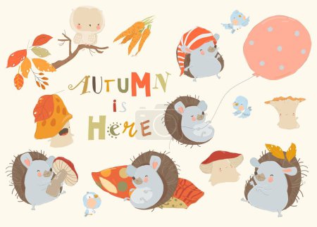 Téléchargez les illustrations : Vector Cartoon Set with Cute Hedgehogs, Mushrooms and Colorful Autumnal Leaves - en licence libre de droit