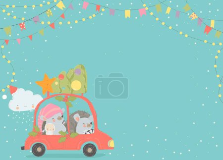 Illustration for Cartoon Funny Hedgehogs driving a Red Car with Christmas Tree. Vector Illustration - Royalty Free Image