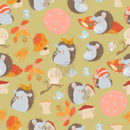 Illustration for Vector Seamless Pattern with Cute Hedgehogs, Mushrooms and Colorful Autumnal Leaves - Royalty Free Image