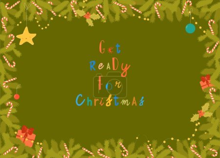 Téléchargez les illustrations : Cadre de Noël de dessin animé vectoriel avec branches et décoration d'arbre de Noël - en licence libre de droit
