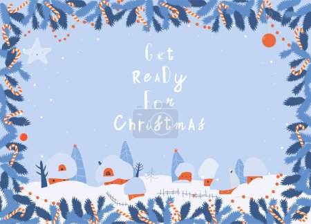 Illustration for Vector Cartoon Christmas Frame with Winter Village - Royalty Free Image