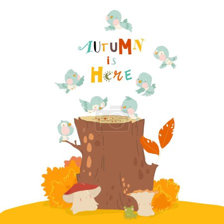 Ilustración de Pajaritos sentados en Stump in Autumn Forest. Ilustración vectorial - Imagen libre de derechos
