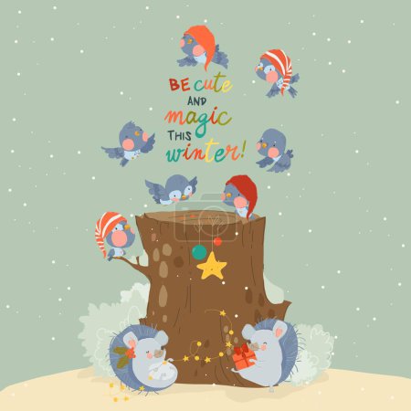 Téléchargez les illustrations : Little Birds assis sur Stump dans Winter Forest. Illustration vectorielle - en licence libre de droit