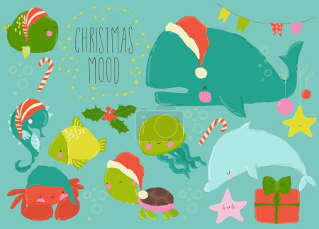 Illustration for Vector Cartoon Set of Fish and Underwater World with Christmas Elements - Royalty Free Image
