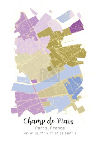 Illustration for Street map of Champ de Mars, Paris France ,vector image for digital product ,wall art and poster prints. - Royalty Free Image