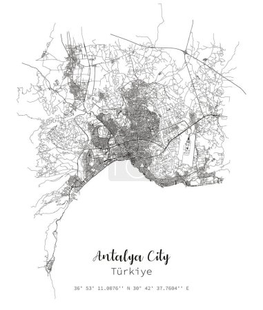 Plakat zum Stadtplan von Antalya. Lineare Stadtkarte der Türkei, Vektorbild für Marketing, digitales Produkt, Wandkunst und Posterdrucke.