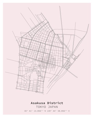 Asakusa District Tokyo, Japan Mapa de calle, vector de imagen para marketing digital, producto, arte de la pared y póster impresiones.