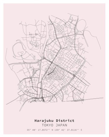 Harajuku District Tokyo, Japan Mapa de calle, vector de imagen para marketing digital, producto, arte de la pared y póster impresiones.