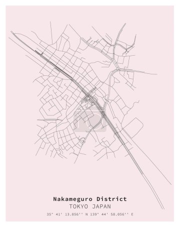 Nakameguro District Tokyo, Japan Straßenkarte, Vektorbild für digitales Marketing, Produkt, Wandkunst und Posterdrucke.