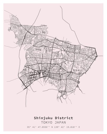 Shinjuku District Tokyo, Japan Street Map, Vektorbild für digitales Marketing, Produkt, Wandkunst und Posterdrucke.