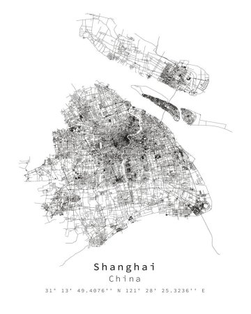 Ciudad de Shanghai, China Detalle urbano Calles Mapa de carreteras, imagen de elemento vectorial para marketing, producto digital, arte mural y póster impresiones.