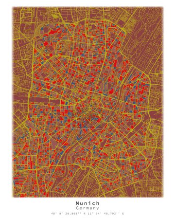 Munich,Germany,City centre Urban detail Streets Roads color Map  ,vector element template image for marketing ,product ,wall art and poster prints.