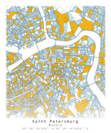Saint-Pétersbourg, Russie, Centre-ville, Détail urbain Rues Routes couleur Carte, modèle d'élément vectoriel image pour le marketing, produit, art mural et affiches.