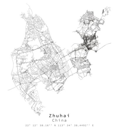 Zhuhai, China, Detalle urbano Calles Mapa de carreteras, imagen de plantilla de elemento vectorial para la comercialización, producto, arte de la pared y póster impresiones.