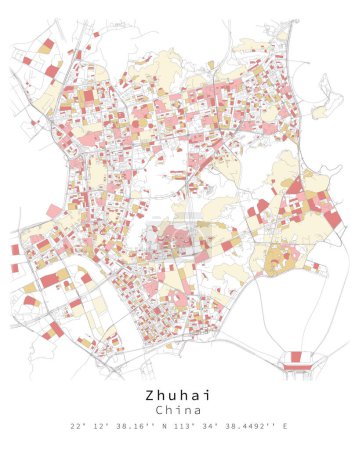 Zhuhai,China city centre,Urban detail Streets Roads color Map  ,vector element template image for marketing ,product ,wall art and poster prints.