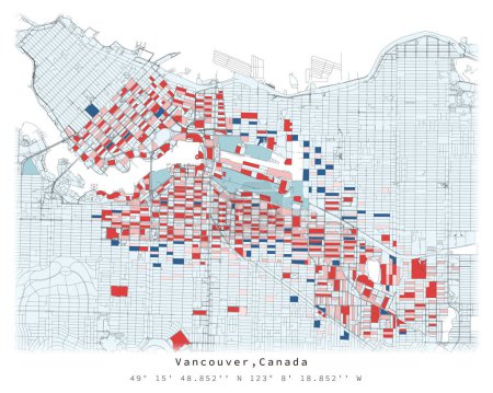 Vancouver, Canada, city centre, Urban detail Calles Carreteras color Map, vector element template image for marketing, product, wall art and poster prints.