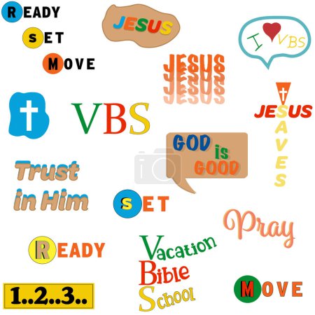 Vacation Bible School (VBS) mixed religious symbols sticker set. Christian camp concept.
