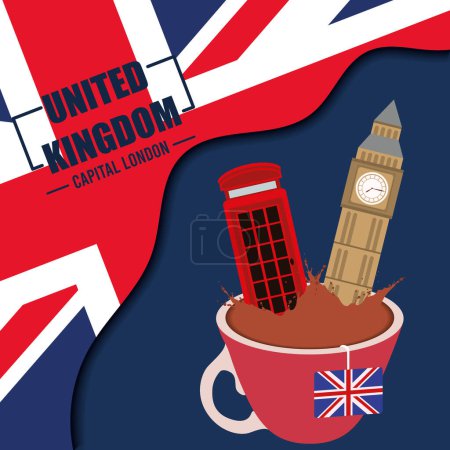 Illustration for United kingdom travel postcard with tea cup and british landmark Vector illustration - Royalty Free Image