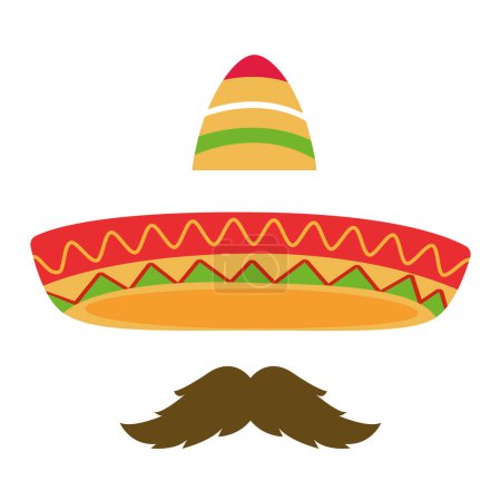 Téléchargez les illustrations : Chapeau traditionnel moustache mexicaine mariachi célébration cinquième mai illustration vectorielle - en licence libre de droit