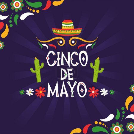 Téléchargez les illustrations : Poster cinco de mayo violet avec texte de chapeau traditionnel et illustration vectorielle de cactus - en licence libre de droit
