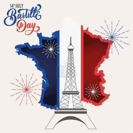 Illustration for Colored bastille day template with landmark and french map Vector illustration - Royalty Free Image