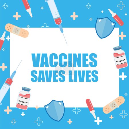 Téléchargez les illustrations : Vaccins sauve des vies affiche colorée avec des objets médicaux Illustration vectorielle - en licence libre de droit