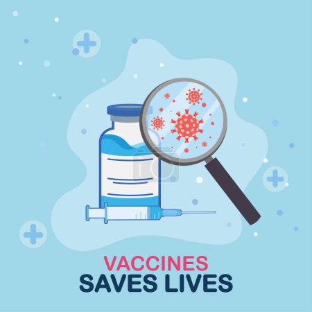 Téléchargez les illustrations : Vaccins sauve des vies affiche avec loupe et bouteille Illustration vectorielle - en licence libre de droit