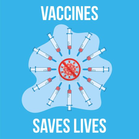 Téléchargez les illustrations : Vaccins sauve des vies affiche avec un groupe de seringues et une illustration vectorielle du virus - en licence libre de droit