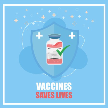 Téléchargez les illustrations : Vaccins sauve des vies affiche Bouclier avec flacon de vaccin Illustration vectorielle - en licence libre de droit