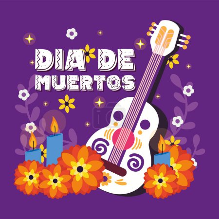 Photo for Mexican guitar with flowers Dia de los muertos background Vector illustration - Royalty Free Image
