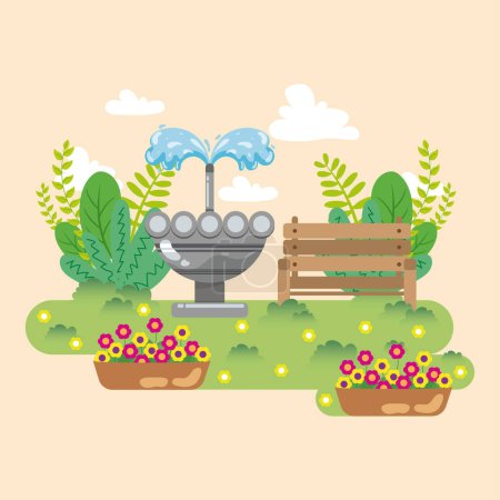 Ilustración de Lindo jardín del parque con fuente y flores Vector ilustración - Imagen libre de derechos