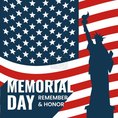 Illustration for Memorial day colored template with liberty statue landmark Vector illustration - Royalty Free Image