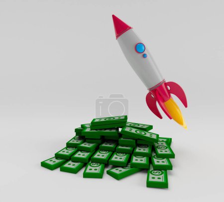 Photo for 3d illustration rendering minimal spaceship rocket fly with dollar money on white background. - Royalty Free Image