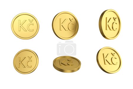 3d illustration Set of gold Czech koruna coin in different angels on white background