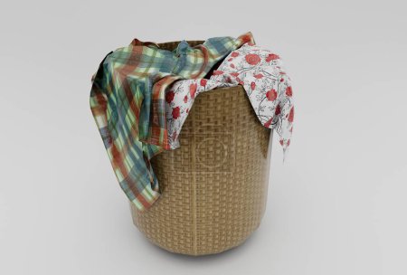 Photo for Laundry bamboo Basket Wicker with cloth minimal 3d rendering on white background - Royalty Free Image