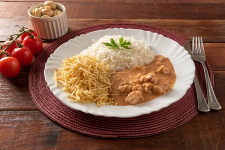 Photo for Chicken stroganoff accompanied with rice, salad and potato straw. - Royalty Free Image