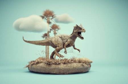 Foto de Escena conceptual de presentación de un Allosaurio. Este dinosaurio vivió en el período Jurásico. Esta es una ilustración de renderizado 3d - Imagen libre de derechos