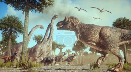 Brachiosaurus, Tyrannosaurus, Parasaurolophus, Triceratops in the forest. Esta es una ilustración de renderizado 3d.