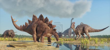 Foto de Dinosaurios en la naturaleza. Esta es una ilustración de renderizado 3d - Imagen libre de derechos