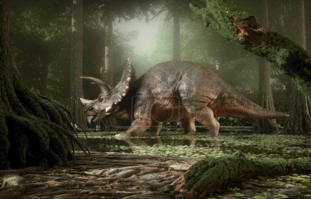 Téléchargez les photos : Triceratops dinosaure dans la forêt. Ceci est une illustration de rendu 3d - en image libre de droit