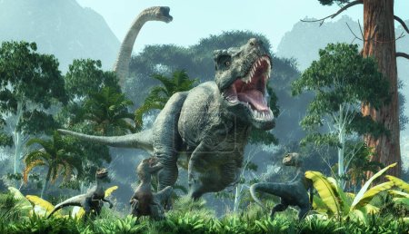 Tyrannosaurus und Velociraptor spazieren durch den Wald. Dieser Dinosaurier lebte in der späten Kreidezeit. Dies ist eine 3D-Darstellung