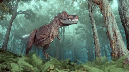 Tyrannosaurus en el bosque. Vivió durante el Cretácico Superior - jalá. Esta es una ilustración de renderizado 3d