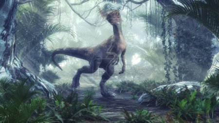 Téléchargez les photos : Velociraptor dans la forêt. Il vécut à la fin du Crétacé. Ceci est une illustration de rendu 3d. - en image libre de droit
